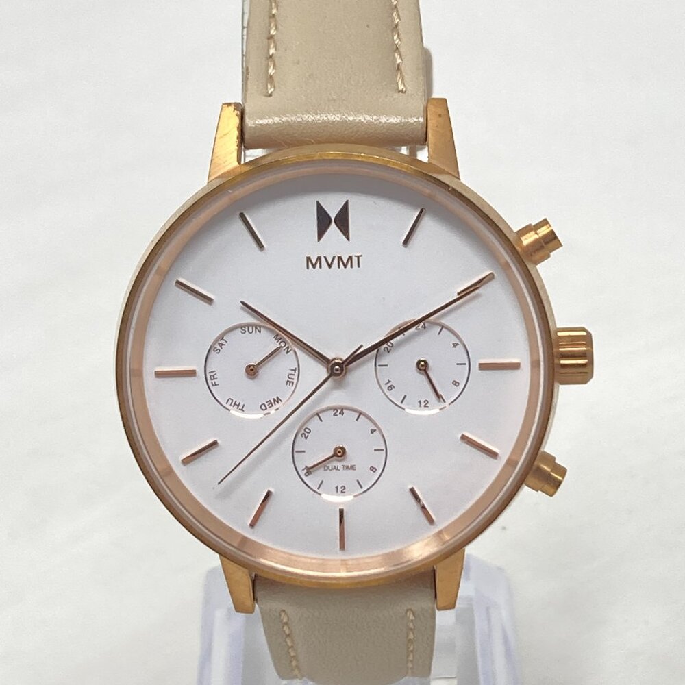 MVMT Nova Luna Women Watch 37mm Rose Gold Tone Dual Time Day Leather New Battery